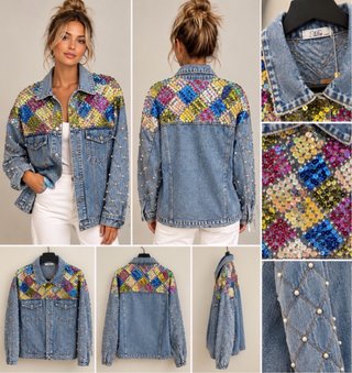 Chaqueta vaquera Min con lentejuelas y perlas