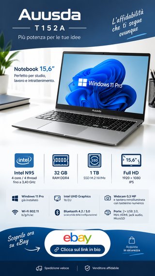 Laptop Auusda T152A 15.6 32GB RAM 1TB SSD