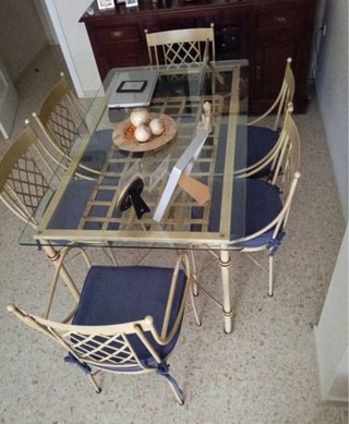 Mesa cristal forja + 4 sillas + 2 sillones
