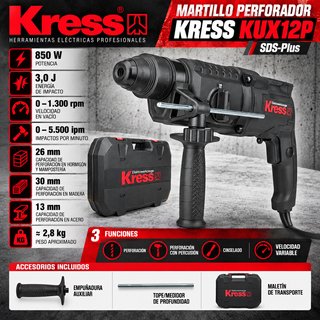 Martelo KRESS KUX12P 850W 3J SDS-Plus 26mm Mala