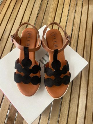 Sandalias Puch Cuña Piel Gel Negro Marrón