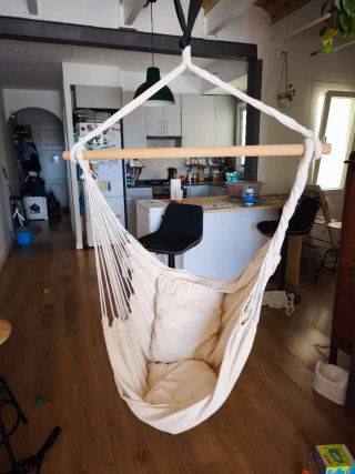 Silla hamaca colgante beige/crudo+cojines