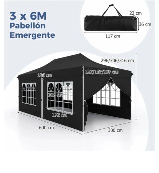 Carpa Plegable 3x6m, 6 Paredes Laterales