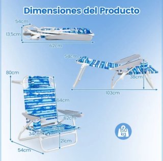 2 Sillas de Playa Plegables Silla Reclinable Liger