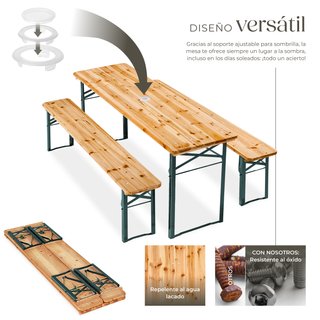 Conjunto de mesa y bancos plegables, acero, pino, 170x46x78 cm, marrón