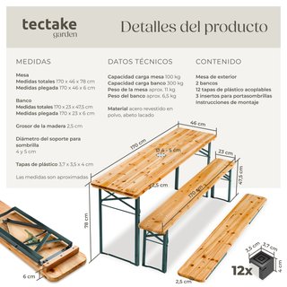 Conjunto de mesa y bancos plegables, acero, pino, 170x46x78 cm, marrón