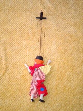Marioneta de payaso vintage como nuevo, muñeco
