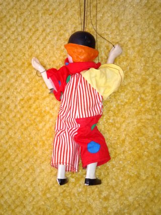 Marioneta de payaso vintage como nuevo, muñeco