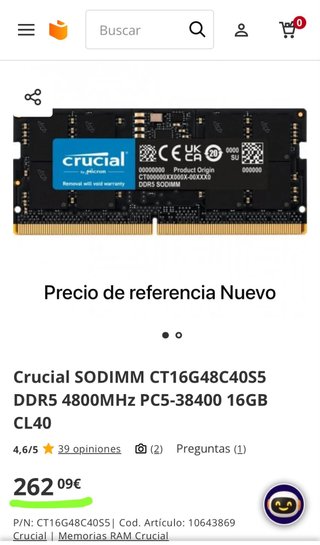 Memoria RAM Crucial 16GB DDR5 4800MHz SODIMM