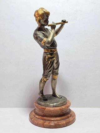 Scultura Bronzo Argentato Dorato Ragazzo Flauto XX