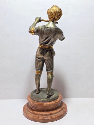 Scultura Bronzo Argentato Dorato Ragazzo Flauto XX