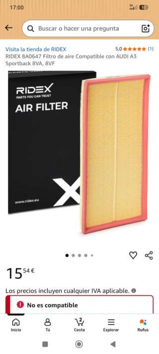 Filtro de Aire RIDEX 8A0647 para Audi A3
