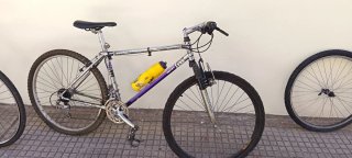 Bicicleta de montaña cromada y morada
