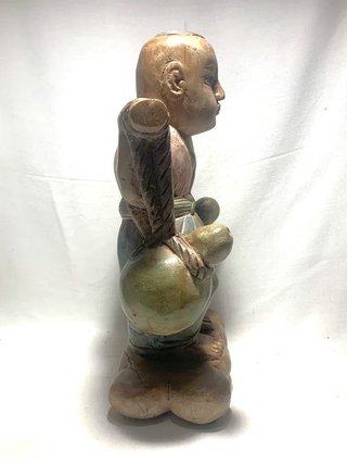 Scultura Legno Orientale Portatore Brocche 39cm XX