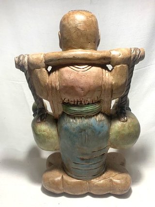 Scultura Legno Orientale Portatore Brocche 39cm XX