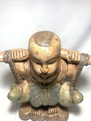 Scultura Legno Orientale Portatore Brocche 39cm XX