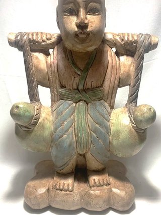 Scultura Legno Orientale Portatore Brocche 39cm XX