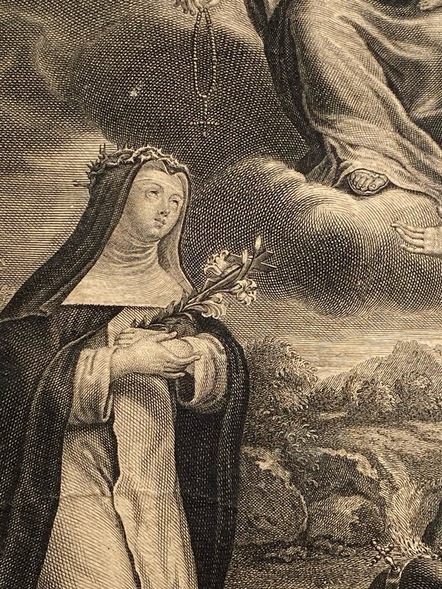 Precioso grabado antiguo Nostre Dame du Rozaire