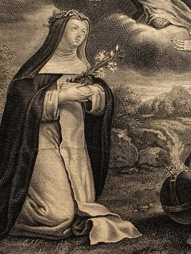 Precioso grabado antiguo Nostre Dame du Rozaire