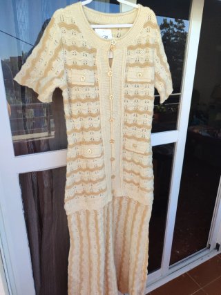 Vestido largo punto calado Boho chic Beige Dorado