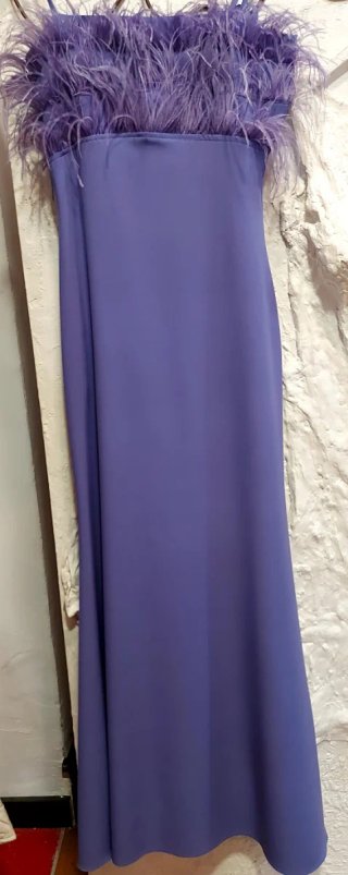Vestido largo morado con plumas