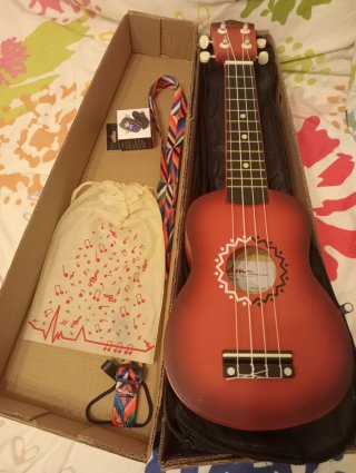 Ukelele con accesorios, funda, afinador y cuerdas.