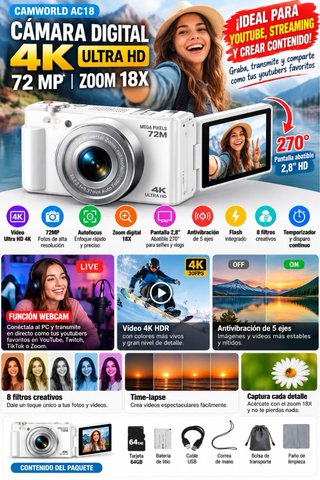Cámara Digital 4K 72MP Autofocus 18X + 64GB Nueva