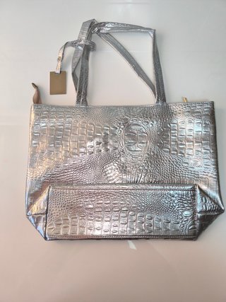 Bolso Tote Plateado Efecto Cocodrilo
