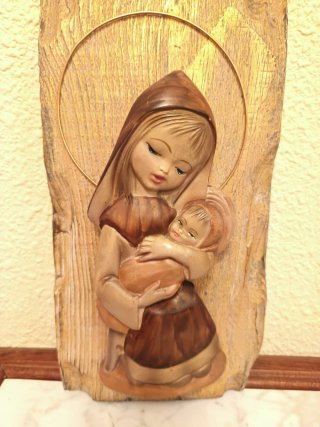 Retablo Virgen con Niño Relieve Tonos Tierra 1960