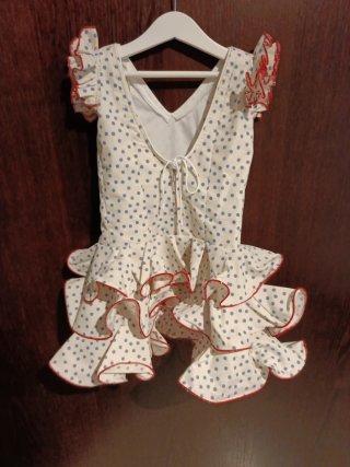 Traje Flamenca Niña Lunares celestes y festón rojo