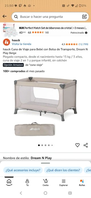 Cuna de viaje Hauck beige nueva sin estrenar