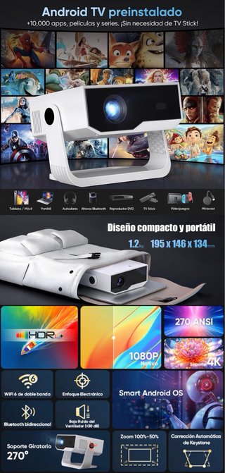 Proyector 1080P Android TV WiFi6 Bluetoo5.4 App