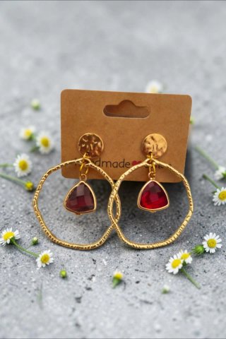 Pendientes Aro Dorados con Piedra Roja