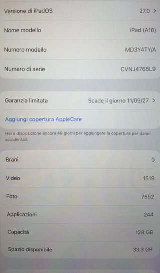 iPad Apple Silver 128GB Garanzia Attiva