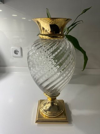 Jarrón Grande de Cristal y Metal Dorado