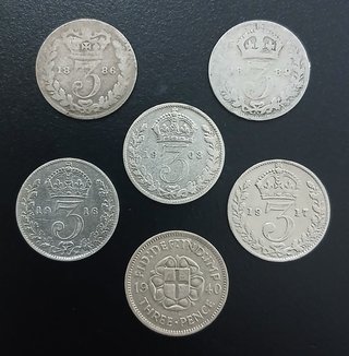 Three Pence, 1886 a 1940 ¡6 Monedas de Plata!