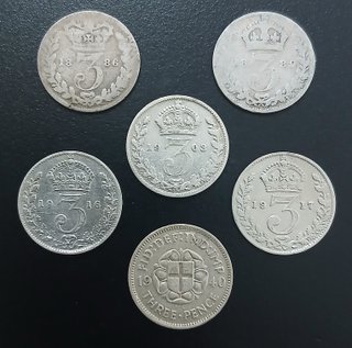 Three Pence, 1886 a 1940 ¡6 Monedas de Plata!
