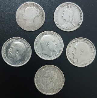 Three Pence, 1886 a 1940 ¡6 Monedas de Plata!