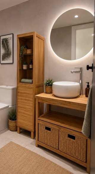 Mueble de teca con cestas de mimbre - mueble baño