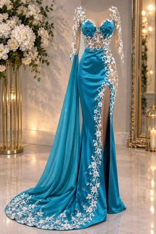 Vestido de Boda Largo Azul Turquesa