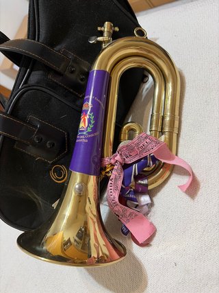 Corneta dorada con funda y adornos