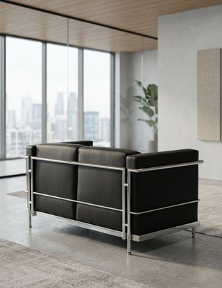 Sofá de Piel Negro con Estructura Metálica