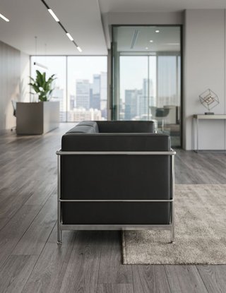 Sofá de Piel Negro con Estructura Metálica