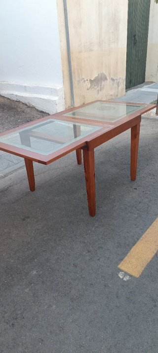 Mesa comedor extensible madera y cristal
