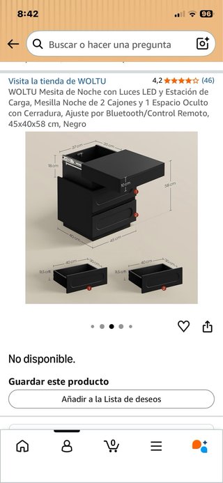 Mesita Noche WOLTU Negra LED
