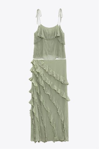 Conjunto Zara Top y Falda Volantes verde agua