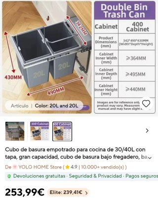 Cubo Basura Empotrado Cocina 20/20L