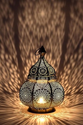 Farol Oriental de Metal Lamis Dorado 30 cm | Portavelas marroquí de jardín | Farol de Metal marroquí