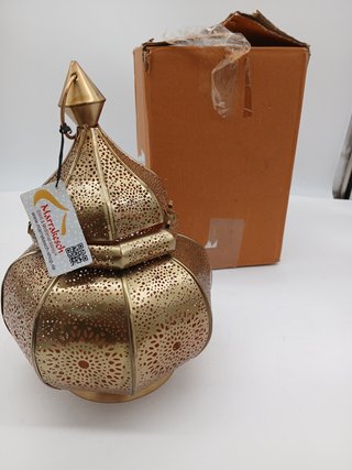Farol Oriental de Metal Lamis Dorado 30 cm | Portavelas marroquí de jardín | Farol de Metal marroquí