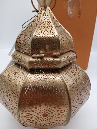 Farol Oriental de Metal Lamis Dorado 30 cm | Portavelas marroquí de jardín | Farol de Metal marroquí